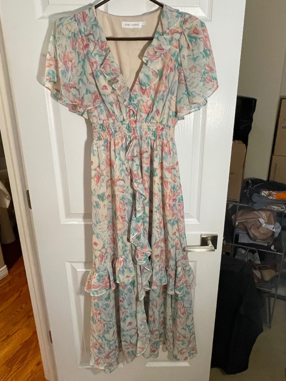 Floret Studios Floral Ruffle Flutter Sleeve High-Low Dress S